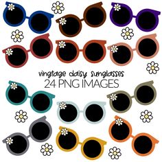 sunglasses with flowers on them and the words vintage daisy sunglasses are in different colors, sizes and