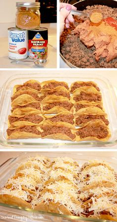 three pictures showing different types of food in baking pans, including meat and cheese