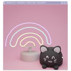 a small black cat next to a neon light on a pink background with a rainbow in the background