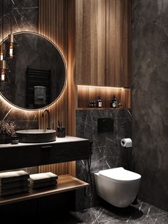 a modern bathroom with marble and wood accents