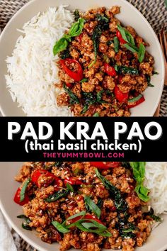 pad kra pao thai basil chicken with white rice and spinach on the side