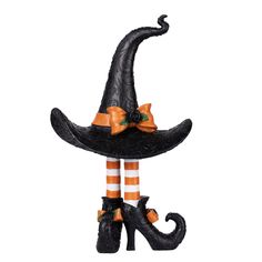 a black witches hat with orange and white striped socks