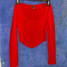 Long Sleeve Red Top Never Worn Trendy Fitted Red Tops, Fitted Red Long Sleeve Tops, Red Fitted Chic Top, Chic Fitted Red Top, Fitted Red Tops For Spring, Trendy Red Tops For Night Out, Red Long Sleeve Tops For Night Out, Stretch Red Top For Night Out, Tops Long Sleeve