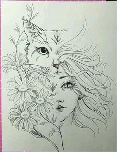 a drawing of a girl and a cat with flowers in her hair, by person