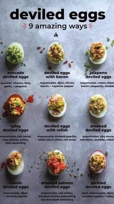 an image of deviled eggs with different types of toppings on them and instructions for how to make deviled eggs