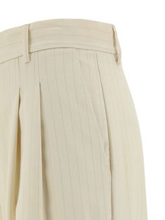 Nathalie pants by the andamane, palazzo style, front button and zipper closure, two side slash pockets, back welt pocket, waistband loops, striped pattern, turned-up hem, regular fit. Cotton A-line Pleated Bottoms, Nathalie Dumeix Pants, Alaia Pants, Luxury Parachute Trousers With Patch Pockets, Moda Operandi Trousers, Palazzo Style, Pleats Please Issey Miyake, Gorgeous Bags, Skirt Suit