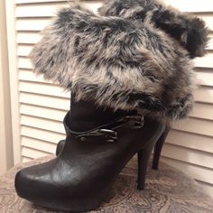 Sexy Fur Cuffed Boots Heeled Boots, Black Gray, Bootie Boots, Ankle Boots, Black And Grey, Cuff, Size 6, Women Shoes, Boots