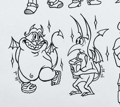 several cartoon characters are depicted in black and white