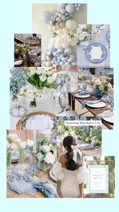 a collage of blue and white wedding decor with balloons, flowers, and plates