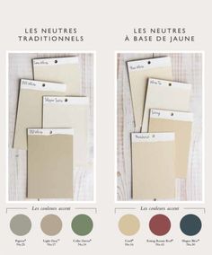 the different shades of paint for walls and floors in various colors, including beiges, green