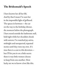 the bridesmaid's speech is written in black ink on white paper with an image of a man and woman