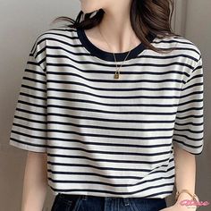 Qteee - Chic Colorblock Stripe Relaxed Fit T-Shirt with Round Collar Trendy White T-shirt With Contrast Stripes, Casual Black Color Block T-shirt, Casual Tops With Contrast Color And Crew Neck, Trendy Cotton T-shirt With Contrast Stripes, Casual Crew Neck Top With Contrast Color, Striped Cotton Tops With Contrast Color, Trendy Black Tops With Contrast Stripes, Black Short Sleeve Tops With Contrast Color, Cotton Striped Top With Contrast Color