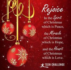 a red and gold christmas card with two ornaments hanging from it's sides, the words rejoice in the spirit of christmas which is peace