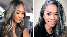 Grey Hair With Black, Grey Blending Highlights Going Gray, Dark Hair Going Gray, Grey Blending Dark Hair, Black Hair Going Grey, Blend Grey Hair, Grey Blending Highlights, Blonde Balayage On Black Hair, Balayage Gray