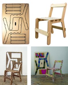 four different types of wooden chairs in various shapes and sizes, including one for children's furniture