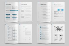 four pages of a brochure with blue and white accents on the front, back and