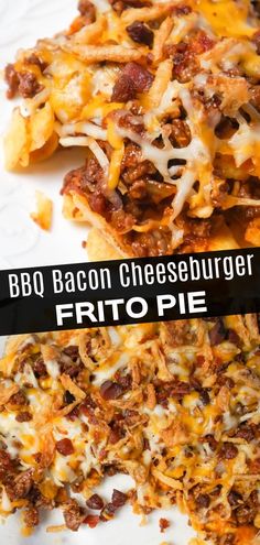 three different types of cheeseburger pizza on a white plate with the words, bbq bacon cheeseburger frito pie