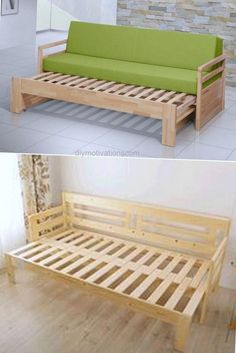 two different types of wooden beds with green mattresses on top and bottom one is made from wood