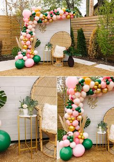 the balloon arch is decorated with gold, green and pink balloons for an outdoor party