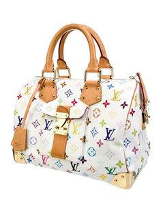 LOUIS VUITTON X TAKASHI MURAKAMI MULTICOLOR MONOGRAM LIMITED EDITION SPEEDY 30 HANDBAG-GREAT CONDITION This Limited Edition Bag features Multicolor Monogram canvas with Vachetta Leather trim, an exterior flap pocket with a stud closure, rolled Vachetta handles, a top zip closure, and an interior slip pocket. FEATURES: Louis Vuitton Top Handle Bag From the 2010 Collection White Coated Canvas Multicolore Monogram Pattern Gold-Tone Hardware Leather Trim Rolled Handles Leather Trim Embellishment & S Louis Vuitton Top, Limited Edition Bag, Louis Vuitton Limited Edition, Monogram Pattern, Speedy 30, Handle Bag, Louis Vuitton Handbags, Monogram Canvas