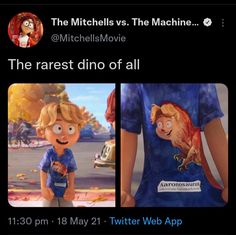 two screenshots of the same cartoon character in different t - shirts, one with an image of a man holding a cat