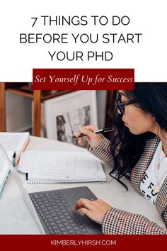 7 Things to Do Before You Start Your PhD: Set Yourself Up for Success (A person with long hair and glasses sits in front of a laptop and spiral bound notebook) Phd Acceptance Announcement, Phd In Nursing, Getting A Phd, Phd Announcement, Doctoral Degree Aesthetic, Educational Doctorate