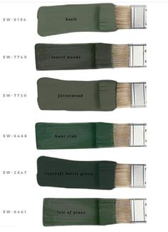 four different shades of green paint with the names of each one in black and white