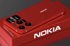 the nokia phone is red with white lettering on it