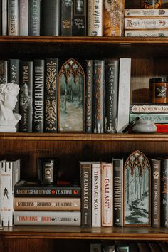 several books are sitting on the shelves next to each other in front of a statue