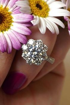 a woman's hand holding three daisies and a diamond ring