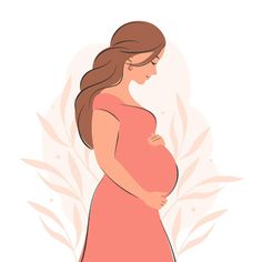 a pregnant woman in a pink dress is standing with her hand on her stomach and looking down