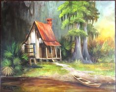 a painting of a house in the woods with a boat on the water and trees around it