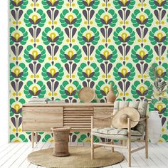 a living room with green and yellow wallpaper