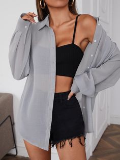 Collar Details, Drop Shoulder Shirt, Style Casual Chic, Cute Dress Outfits, Grey Style, Really Cute Outfits, Cute Simple Outfits, Summer Fashion Outfits