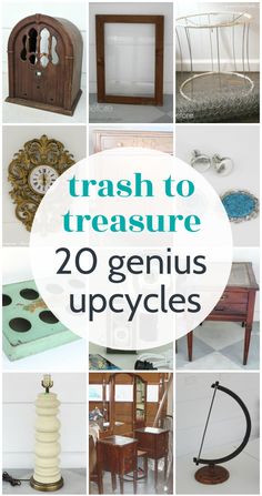 the words trash to treasure are overlaided with photos of various items and objects