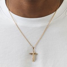 This crucifix pendant necklace is a stylish and meaningful accessory that showcases your faith and complements any outfit. Expertly crafted from durable materials, the pendant features intricate detailing and a striking design that's sure to catch the eye. Gold Micro Cuban Chain Included Reinforced Lobster Clasp Water, Sweat and Heat Resistant Premium 316 L Stainless Steel Base No Discoloring or Tarnishing Hypoallergenic - No Green Skin Pendant Size: 1.6" Gold Cross Necklace For Men, Men Chain, Mens Cross Necklace Gold, Gold Chain, Mens Chain Necklace Gold Cross Pendant, Luxury Men's Crucifix Necklace, Men’s Crucifix Necklace, Heavy Chain, Silver Chain For Men