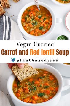 vegan curried carrot and red lentil soup with plant based bread on the side