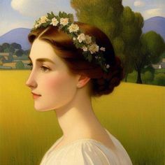 a painting of a woman in a white dress with flowers in her hair, looking off into the distance