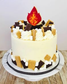 a cake with white frosting and chocolate pieces on top