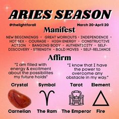 the aries season info sheet is shown in black and white, with an orange background