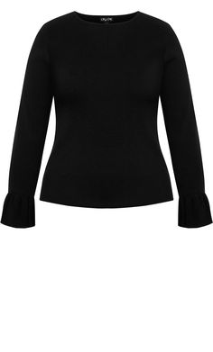 A style essential that keeps you warm, the Selena Sweater is a versatile piece you'll love on repeat. Made with soft stretch knit fabrication and designed with a fitted silhouette, this long-sleeved jumper in made with your curves in mind. Key Features Include: - Wide round neck - Full length sleeves with ruffle cuff - Fitted - Soft stretch knit fabrication - Hip length hemline Wear with a modern high waist fit trouser and ankle heel boots. | Plus Size Selena Sweater in Black, Size 18 | City Chi Ankle Heel Boots, Plus Size Jumpers, Rib Sweater, Denim Outerwear, Plus Size Sweaters, Fitted Trousers, Jewel Neck, Lightweight Sweater, Casual Summer Dresses