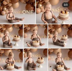 a collage of photos shows a baby eating cake and sitting in front of balloons