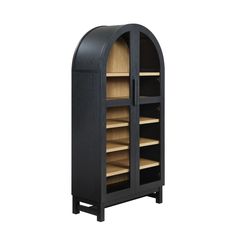 a black cabinet with wooden shelves and doors on the front, in an arch shape