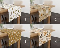 four images show the different ways to decorate a table cloth with flowers on it and place settings for each one