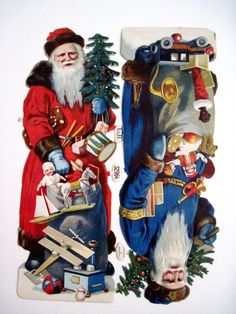 an old fashioned christmas card with santa and elves