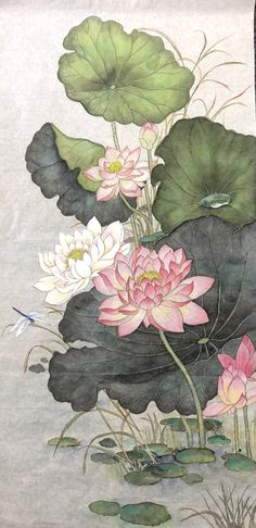 water lilies and dragonflies are depicted in this painting