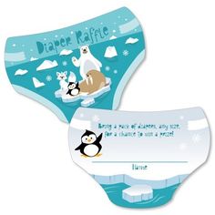 two baby diapers with penguins and polar bears on them, one has a name tag for