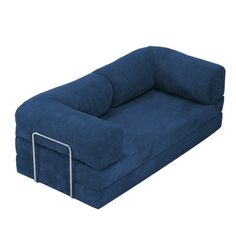 a blue couch that is sitting in the middle of a white background with a metal frame around it