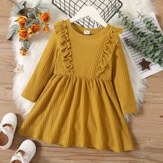 * Ruffle Decor & Solid & Pleated Dress
* Soft and comfy
* Material: 98% Polyester, 2% Spandex 
* Machine wash, tumble dry
* Imported Long Frocks Indian, Long Frocks For Girls, Brown Casual Dress, Ginger Brown, Baby Frock Pattern, Frock Patterns, Baby Frocks Designs