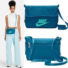 Teal, Adjustable Shoulder Strap For Customized Fit/Carry, Inside And Back Zipper Pocket, Front Slip Pocket, Magnet Snap Closure, % Polyester, Nwt Nike Shoulder Bag For Everyday Use, Nike Green Bags For Travel, Nike Green Travel Bags, Nike Shoulder Bag With Adjustable Strap, Nike Crossbody Travel Bag, Sporty Blue Crossbody Shoulder Bag, Nike Crossbody Bag, Blue Nylon Bag With Zipper Pocket, Blue Crossbody Bag With Snap Closure